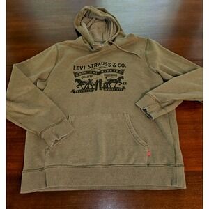 Levi Strauss Fleece Hoodie Men's Olive L Pullover Big Two Horses Logo Pocket